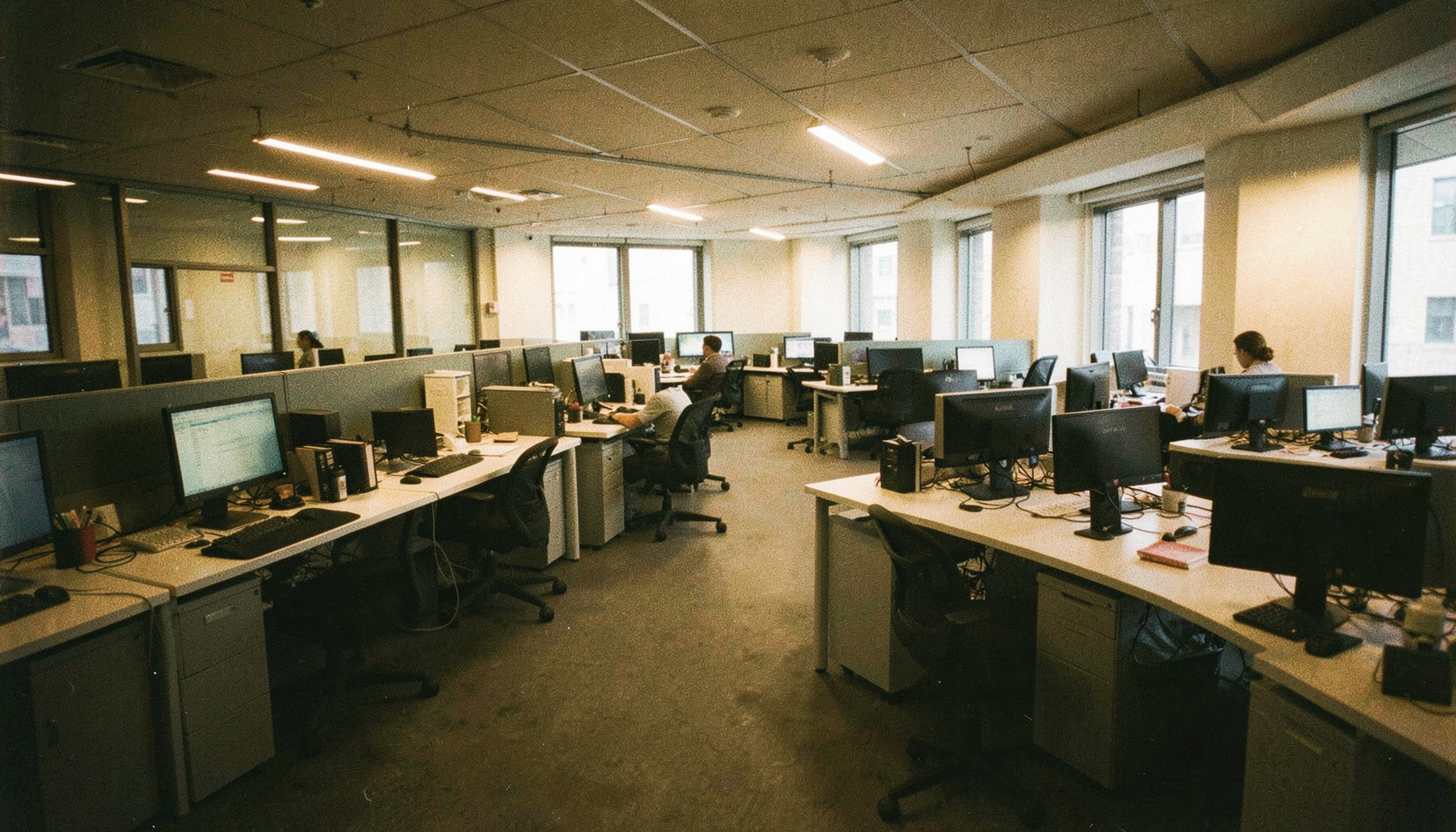 A wide-angle photograph of a modern open-plan office with rows of desks and computer monitors, warm tungsten lighting casting soft shadows, visible film grain and muted earth tones.