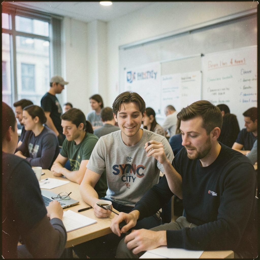 An analog film photograph of a bustling startup event interior, warm tungsten lighting, blurred figures collaborating around laptops, deep browns and muted golds, grainy and atmospheric.